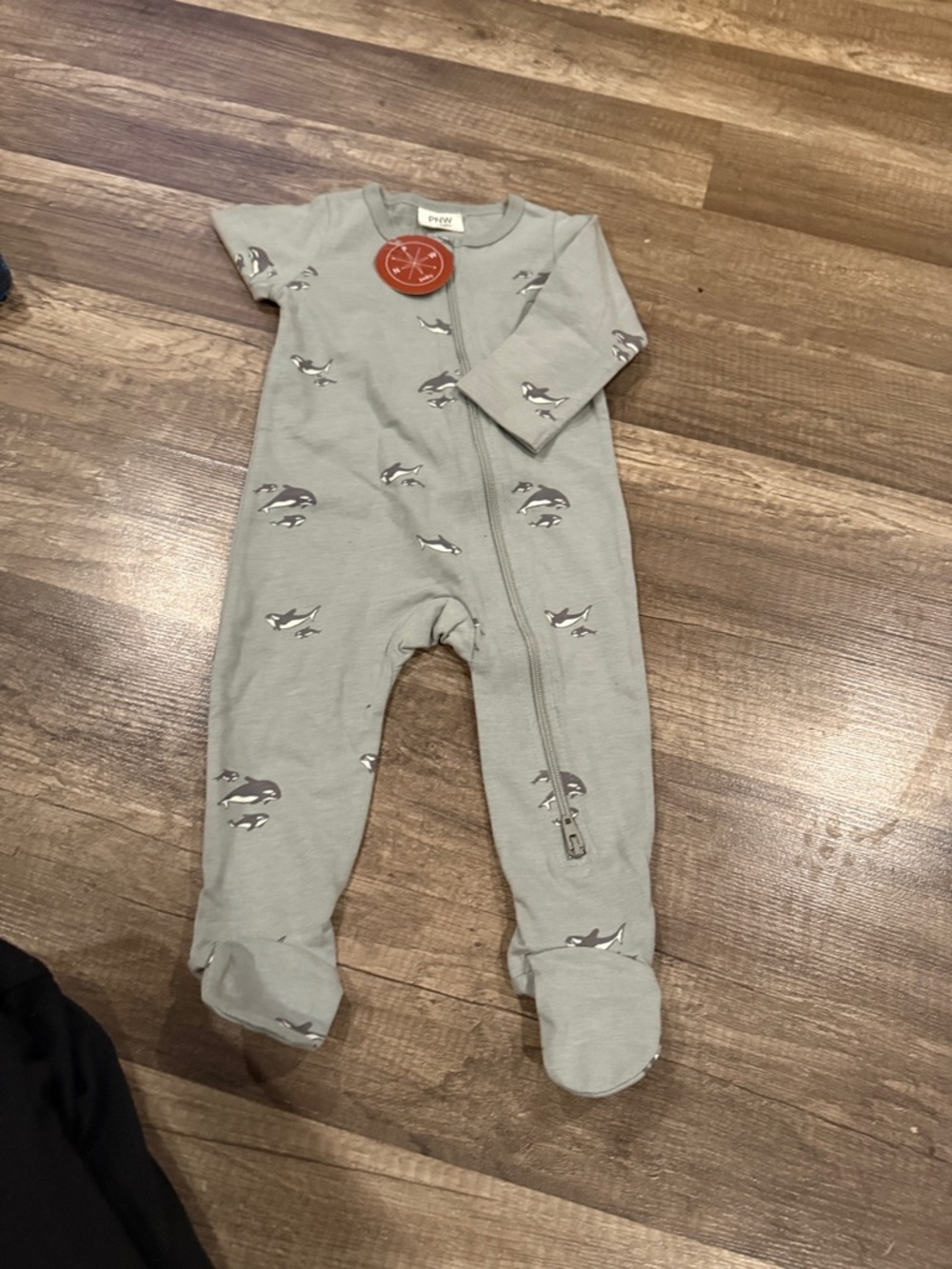 Footed Zip One-Piece with Whale Print in Sage Gray